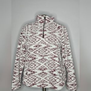 Cozy Sherpa quarter zip in red and white geometric pattern